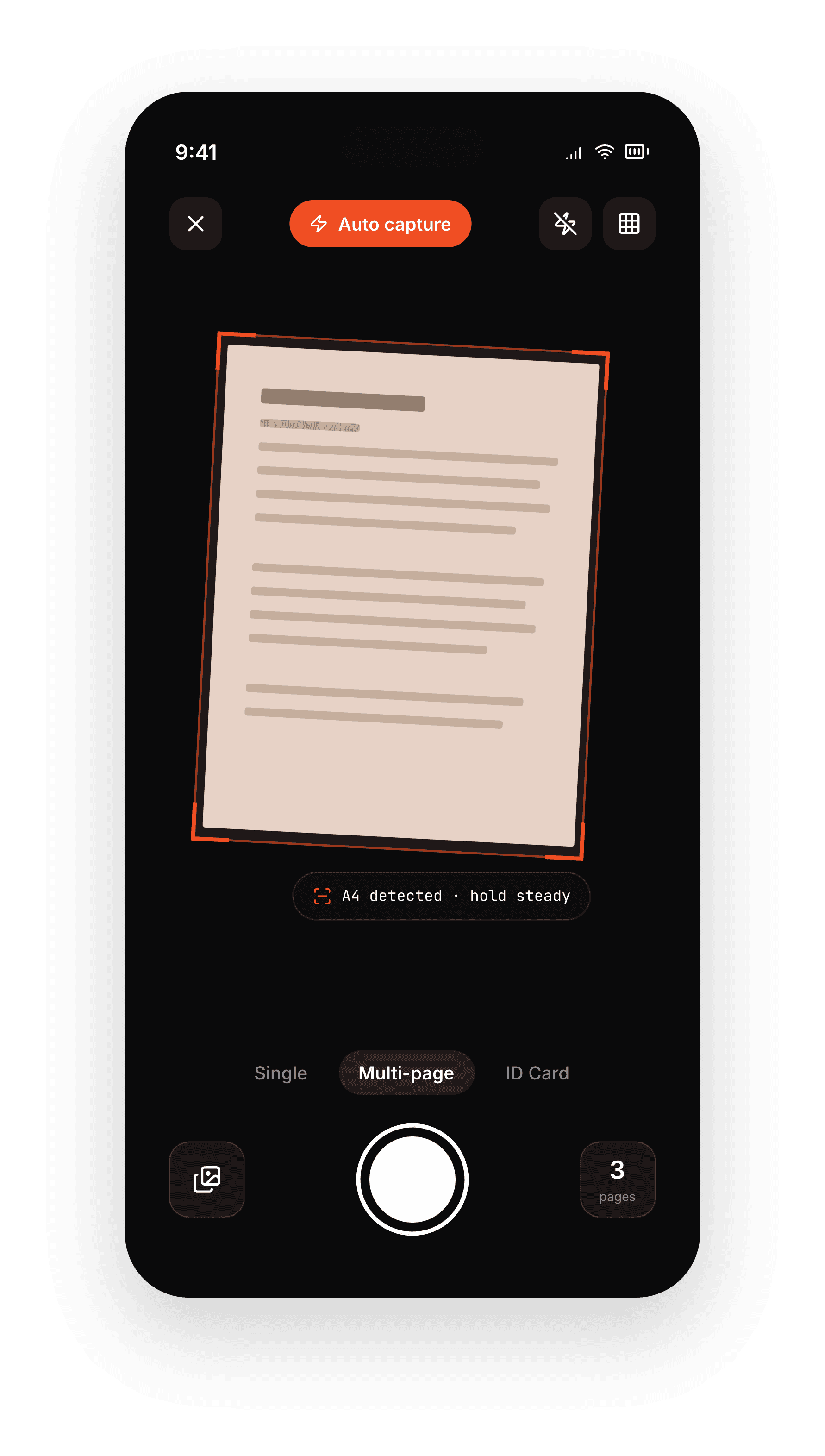 TerryScan camera automatically detecting the edges of a paper document