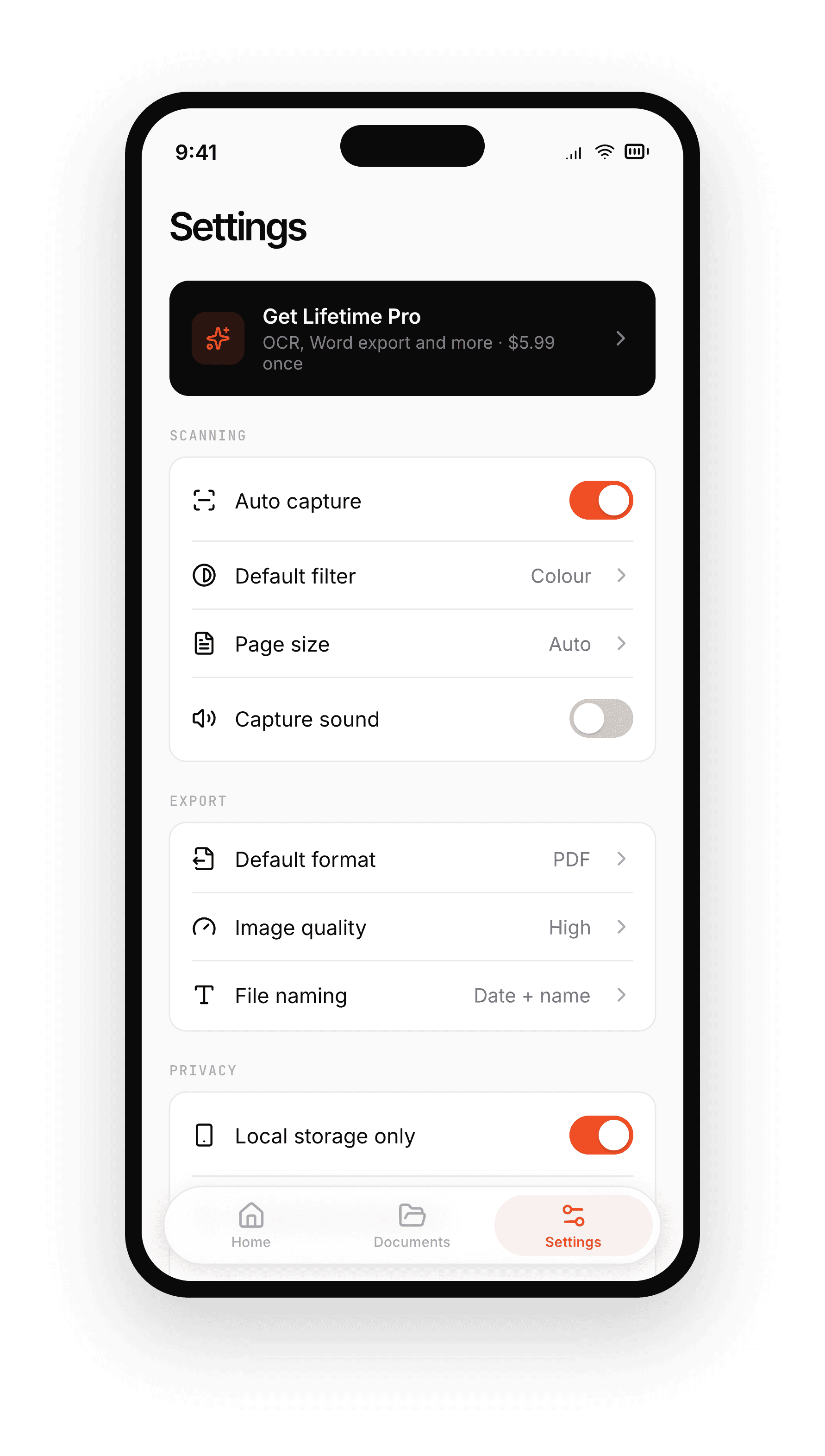 TerryScan settings with local storage only enabled