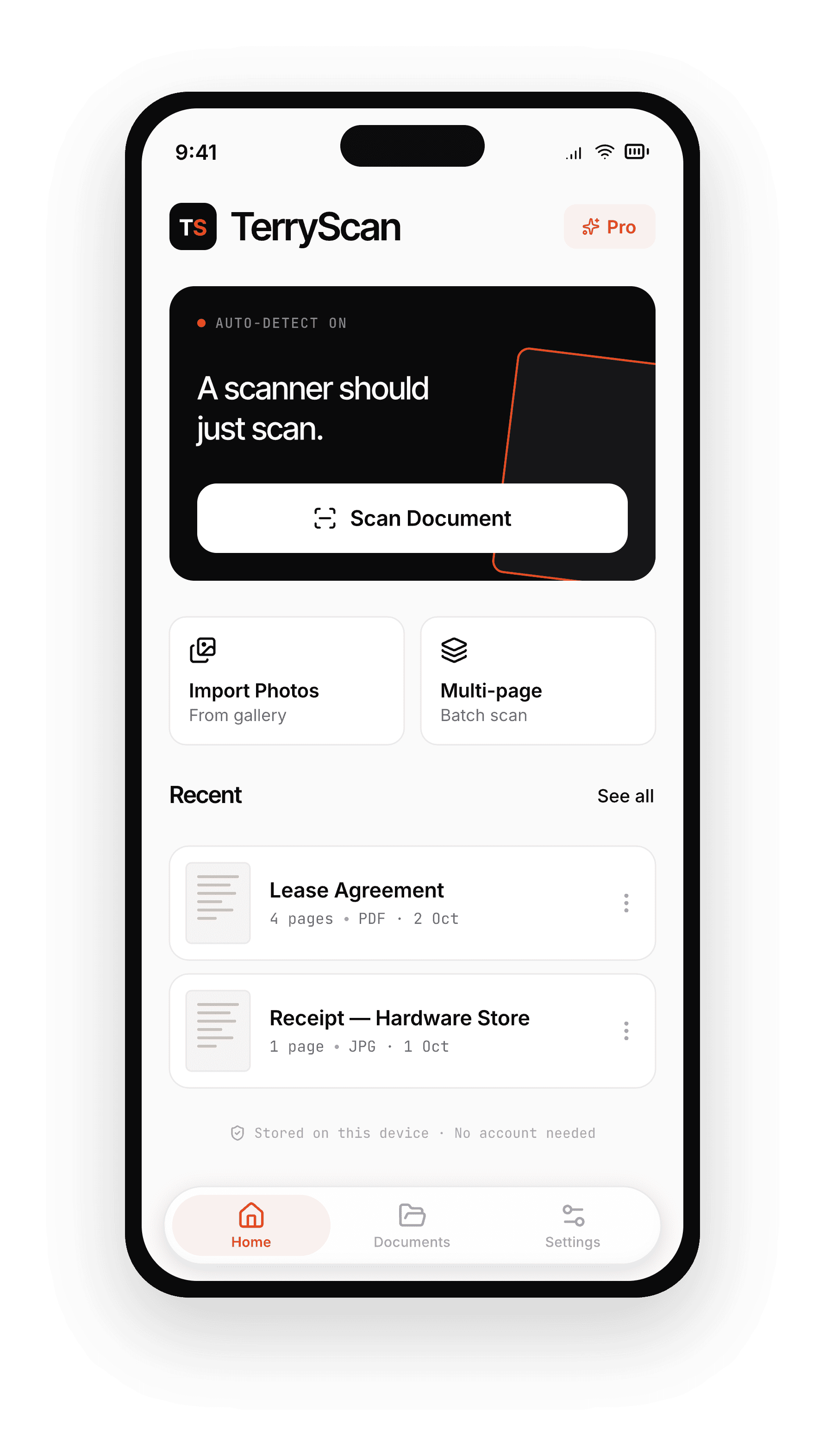TerryScan home screen with the Scan Document button
